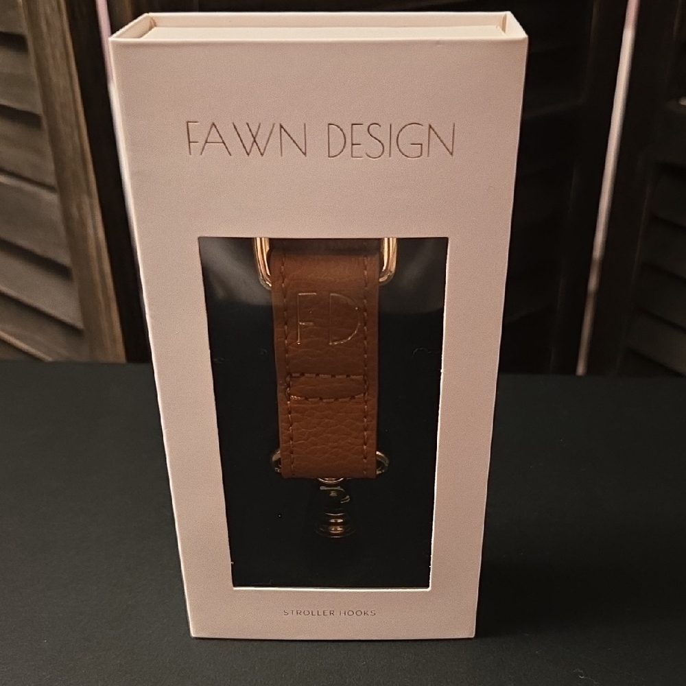 Fawn Design Brown Leather Stroller Hooks with Gold Hardware